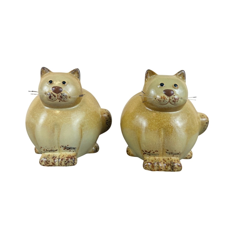 VTG 1970s PAIR (2) Chubby Round‎ MCM Ceramic Fat Cats Figurines 3 1/4"